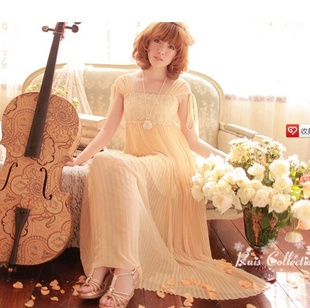 ชุดเดรสยาว ผ้าชีฟองสีฟองสีเหลือง กระโปรงอัดพลีต ส่งฟรี ems