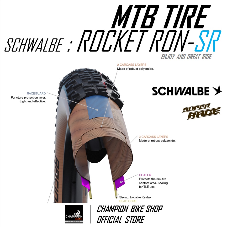 ยางเสือภูเขา29 SCHWALBE : ROCKET RON-SUPER RACE TLE 29x2.10 / 29x2.25 TUBELESS MTB TIRE ขอบพับ