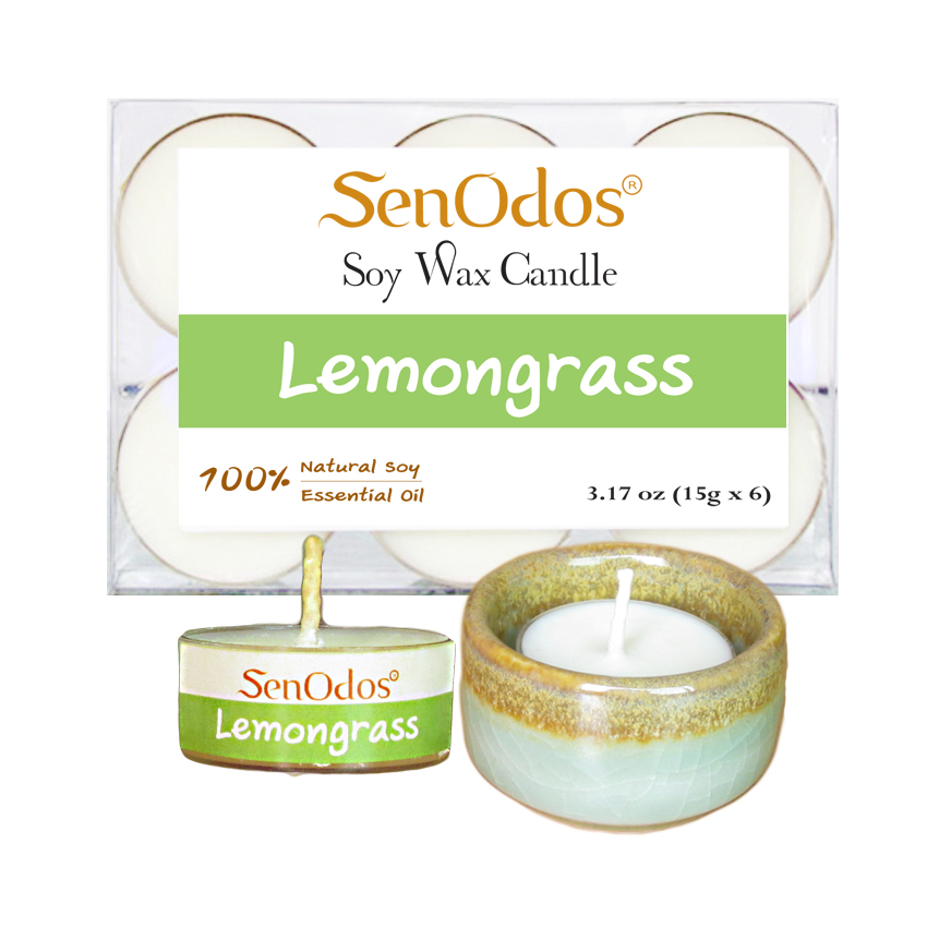 SenOdos เทียนหอม อโรม่า เทียนทีไลท์ Tealight Set Lemongrass Scented Soy Candles Aroma - กลิ่นตะไคร้แท้ 15 g. (6 PCS) + เชิงเทียน ที่วางเทียนทีไลท์ ศิลาดล (เซลาดล) สีเขียวหยกขอบทอง