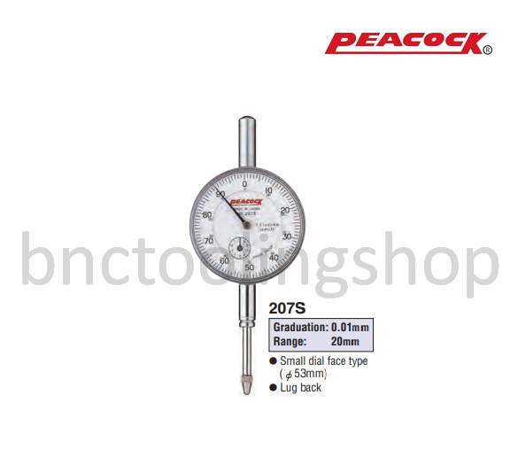 ไดอัลเกจขนาด 20มิล ความละเอียด 0.01มิล,Long Travel Dial Gauges Range 20mm Graduation 0.01mm,Peacock,207S