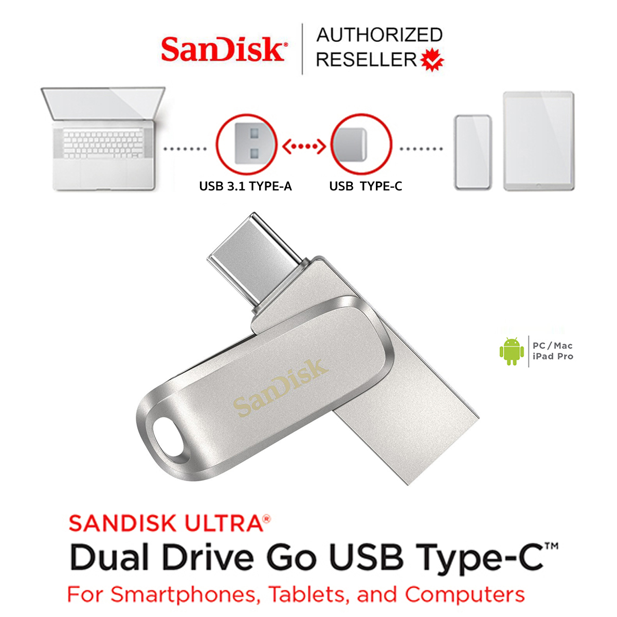 SanDisk Ultra Dual Drive Go USB Type-C (SDDDC4 Silver) หัว USB Type C - USB A Flash Drive สำหรับ iPhone15 iPadPro Android แอนดรอยด์ Mac และ Computer คอมพิวเตอร์ (ความจุ 64GB ,128GB,256GB ,512GB & 1TB) ประกัน 5 ปี