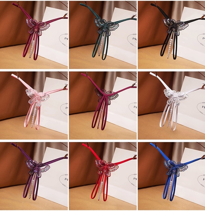 NA012 จีสตริงผีเสื้อร้อยมุกสุดเซ็กซี่ จีสตริงเปิดเป้าเป็นสายยางยืดด้านหน้าแต่งผีเสื้อช่วงล่างเปิดเป้ามีสายร้อยมุกผ่ากลางตามรูป