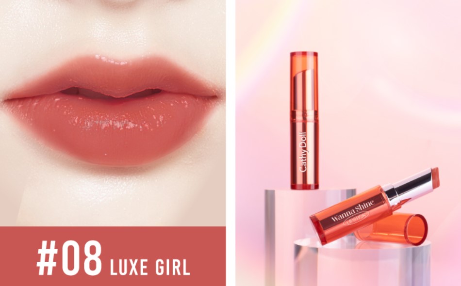 CATHY DOLL Wanna Shine Lipstick 3g. New Color #08 LUXE GIRL เคที่ดอลล์ วันนาไชน์ ลิปสติกเนื้อวาว บำรุงริมฝีปาก 3g. เฉดสีใหม่ สี 08 LUXE GIRL
