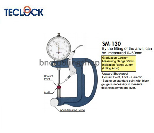 ไดอัลเกจวัดความหนา ขนาด 50มิล ความละเอียด 0.01มิล,Dial Thickness Gauge Range 50mm Graduation 0.01mm,TECLOCK,SM-130