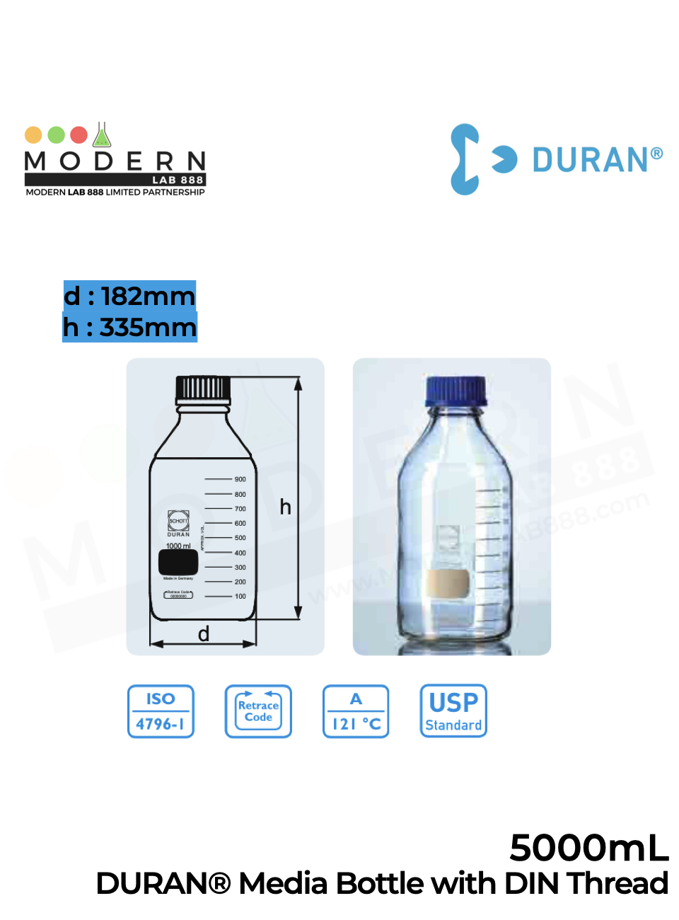 5000 mL ขวดมีเดียดูแรน / GL45 DURAN® Media Bottle with DIN Thread