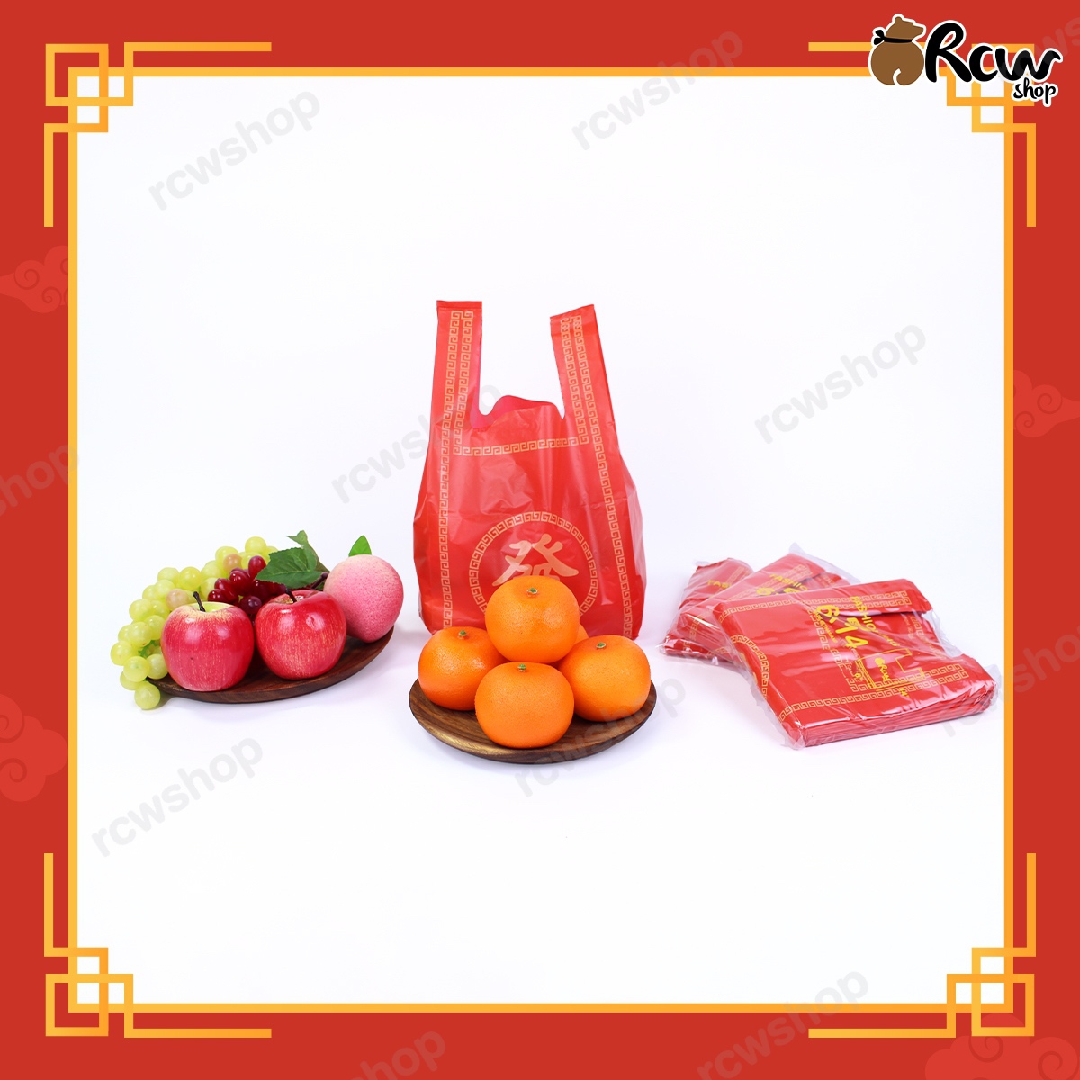 ถุงหูหิ้วบูติก ลายจีนสีแดง (ลายฮก และ ฮวดไช้)