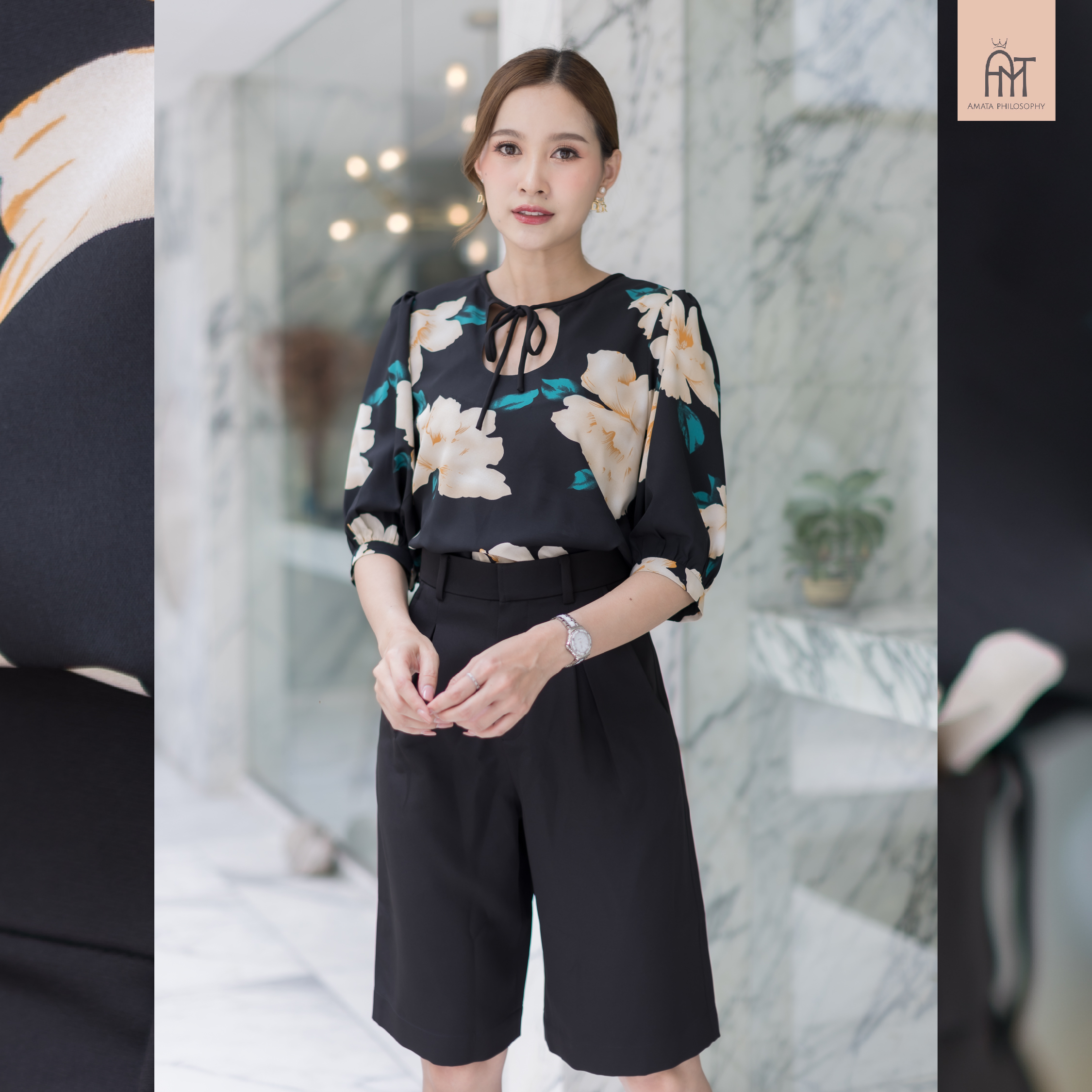 AMATA กางเกงขาสั้นเอวสูง DIRTY COFFEE สีดำ สีขาว