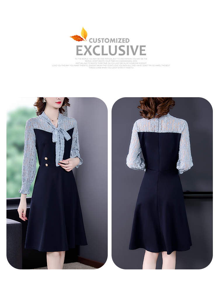 ชุดเดรสสีน้ำเงินแขนยาว ผ้าคอตตอนผสม spandex เนื้อดี ทิ้งตัวสวย ส่งฟรี