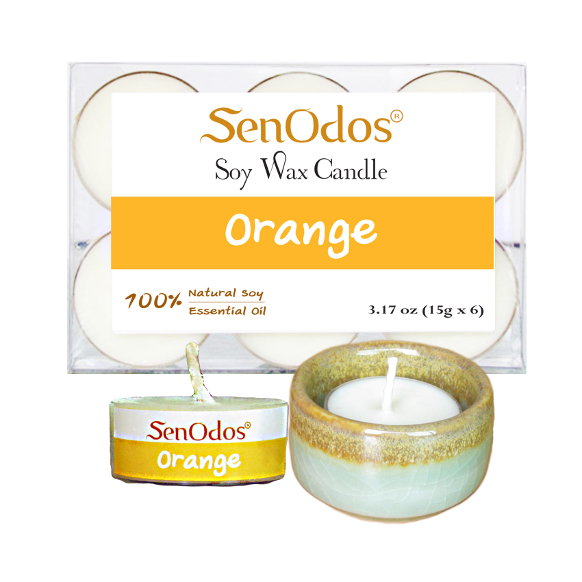 SenOdos เทียนหอม อโรม่า เทียนทีไลท์ Tealight Set Orange Scented Soy Candles Aroma - กลิ่นส้มแท้ 15 g. (6 PCS) + เชิงเทียน ที่วางเทียนทีไลท์ ศิลาดล (เซลาดล) สีเขียวหยกขอบทอง