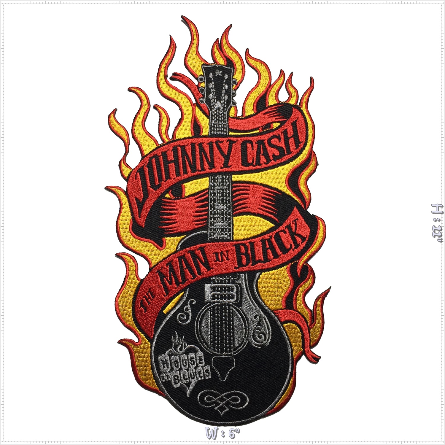 Johnny Cash กีตาร์ไฟ ตัวรีดติดเสื้อ อาร์มรีด อาร์มปัก ตกแต่งเสื้อผ้า หมวก กระเป๋า แจ๊คเก็ตยีนส์ Embroidered Iron on Patch ไซส์ใหญ่