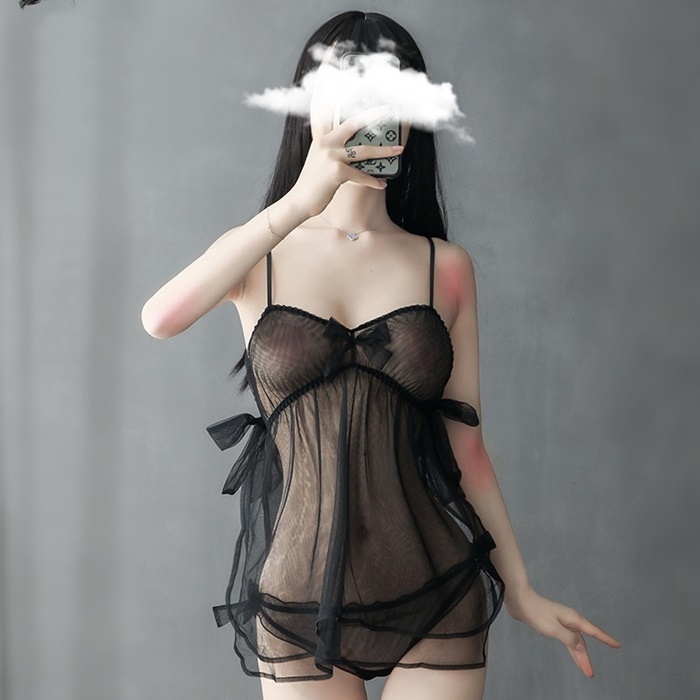 N823 ชุดนอนเซ็กซี่ ชุดนอนซีทรูสวมใส่แบบใช้สายคล้องไหล่ ตัวชุดเย็บตกแต่งโบว์ตามภาพมาพร้อมกับกางเกงในผ้าซีทรูเข้าชุดตามรูปถ่ายสินค้าจริงค่ะ