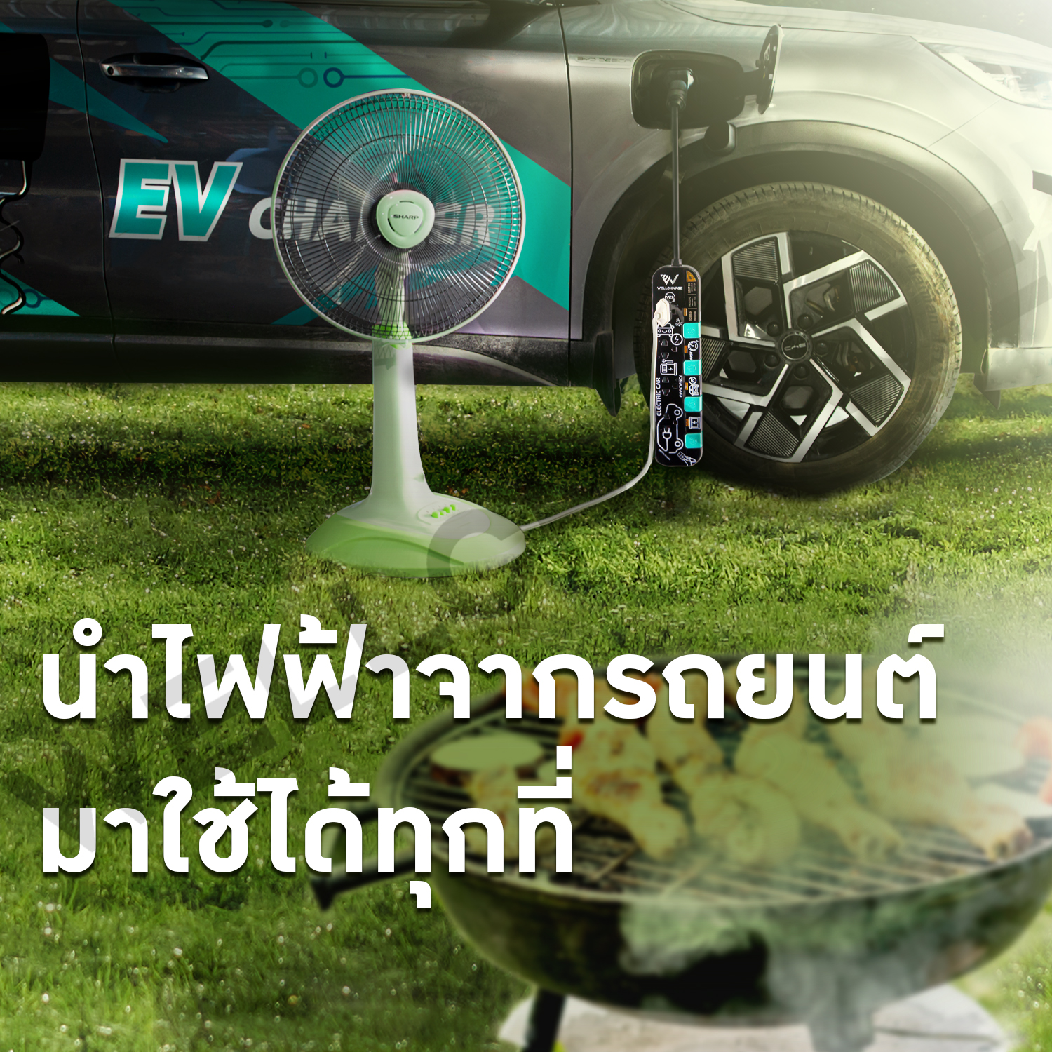 VEHICLE-TO-LOAD ปลั๊ก V2L สำหรับเสียบไฟจากรถ IEC53 3x1.5 Sq.mm. 3500W.16A ยาว 5 M. เต้ารับ 4 ช่อง/ 4 สวิตซ์