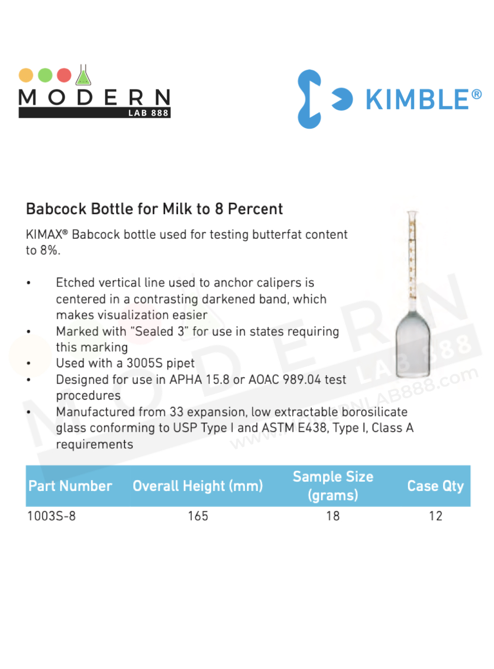 Babcock Bottle for Milk to 8 Percent