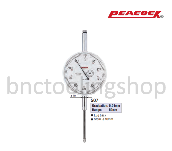 ไดอัลเกจขนาด 50มิล ความละเอียด 0.01มิล,Long Travel Dial Gauges Range 50mm Graduation 0.01mm,Peacock,507
