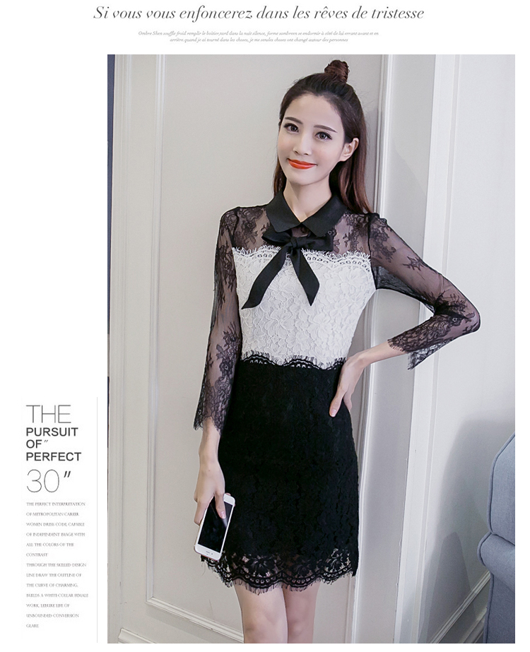 ชุดเดรสผ้าลูกไม้เนื้อดีตัวเสื้อสีขาว แขนเสื้อและกระโปรงผ้าลูกไม้สีดำ ส่งฟรี ems