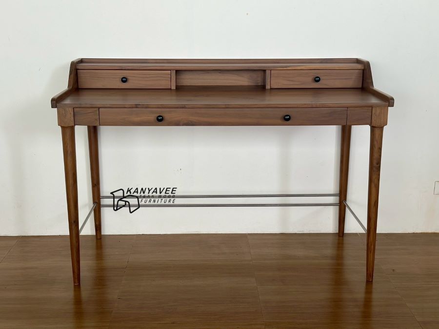 โต๊ะทำงานไม้สักสไตล์มินิมอล สีวอลนัท