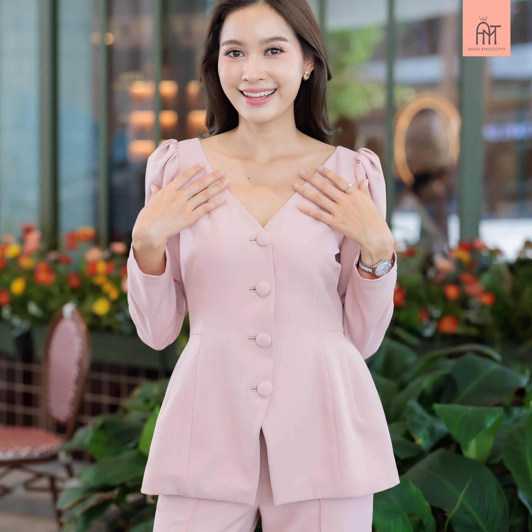 AMATA เสื้อ FLORENCE สีชมพู ครีมเบจ