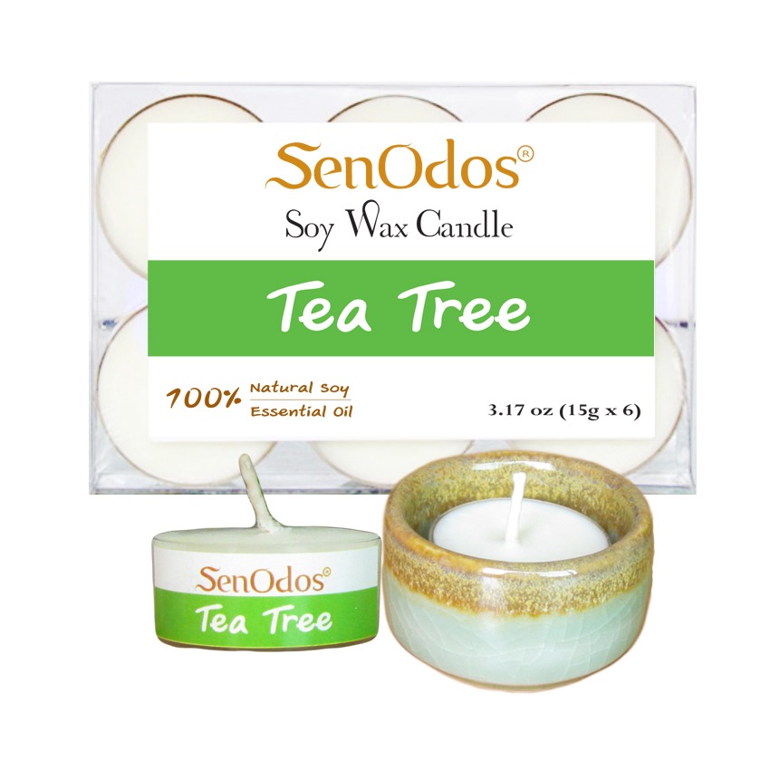 SenOdos เทียนหอม อโรม่า เทียนทีไลท์ Tealight Set Tea Tree Soy Candles เทียนหอมอโรม่า - กลิ่นทีทรีออยล์แท้ 15 g. (6 ชิ้น) + เชิงเทียน ที่วางเทียนทีไลท์ ศิลาดล (เซลาดล) สีเขียวหยกขอบทอง