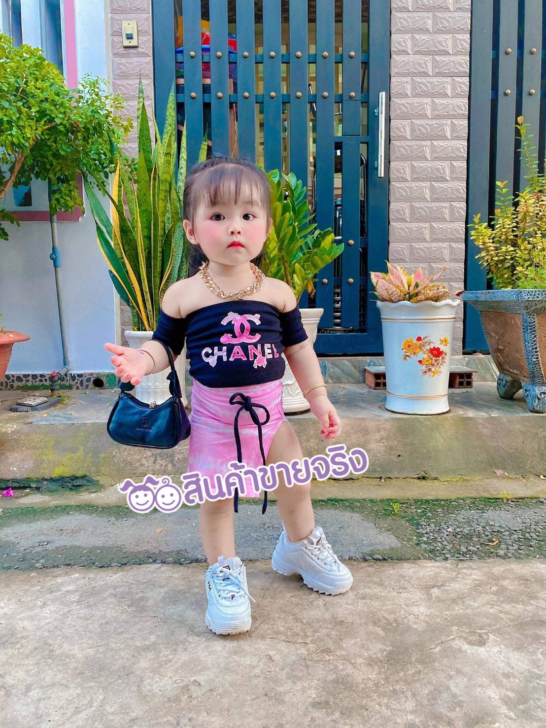 SS05/💜พร้อมส่ง💜ชุดเด็กผู้หญิง set 2 ชิ้นเสื้อปาดไหล่ ลายc h annel
