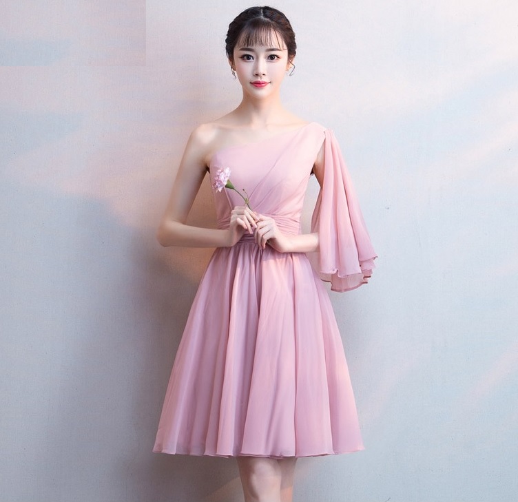 ชุดเดรสออกงาน ผ้าชีฟองเนื้อดีสีชมพูกะปิ ส่งฟรี ems