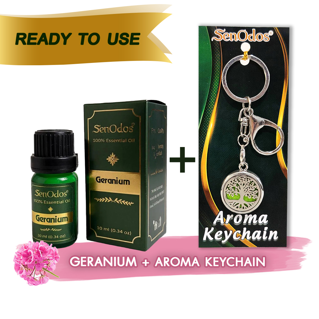 SenOdos น้ำมันหอมระเหยแท้ กลิ่นเจอเรเนี่ยม Geranium Essential Oil 10ml + น้ำหอมพกพา น้ำหอมในรถ พวงกุญแจน้ำหอม (Aroma Keychain / Car Perfume Keyring) ที่ห้อยกระเป๋า ที่ห้อยพวงกุญแจ
