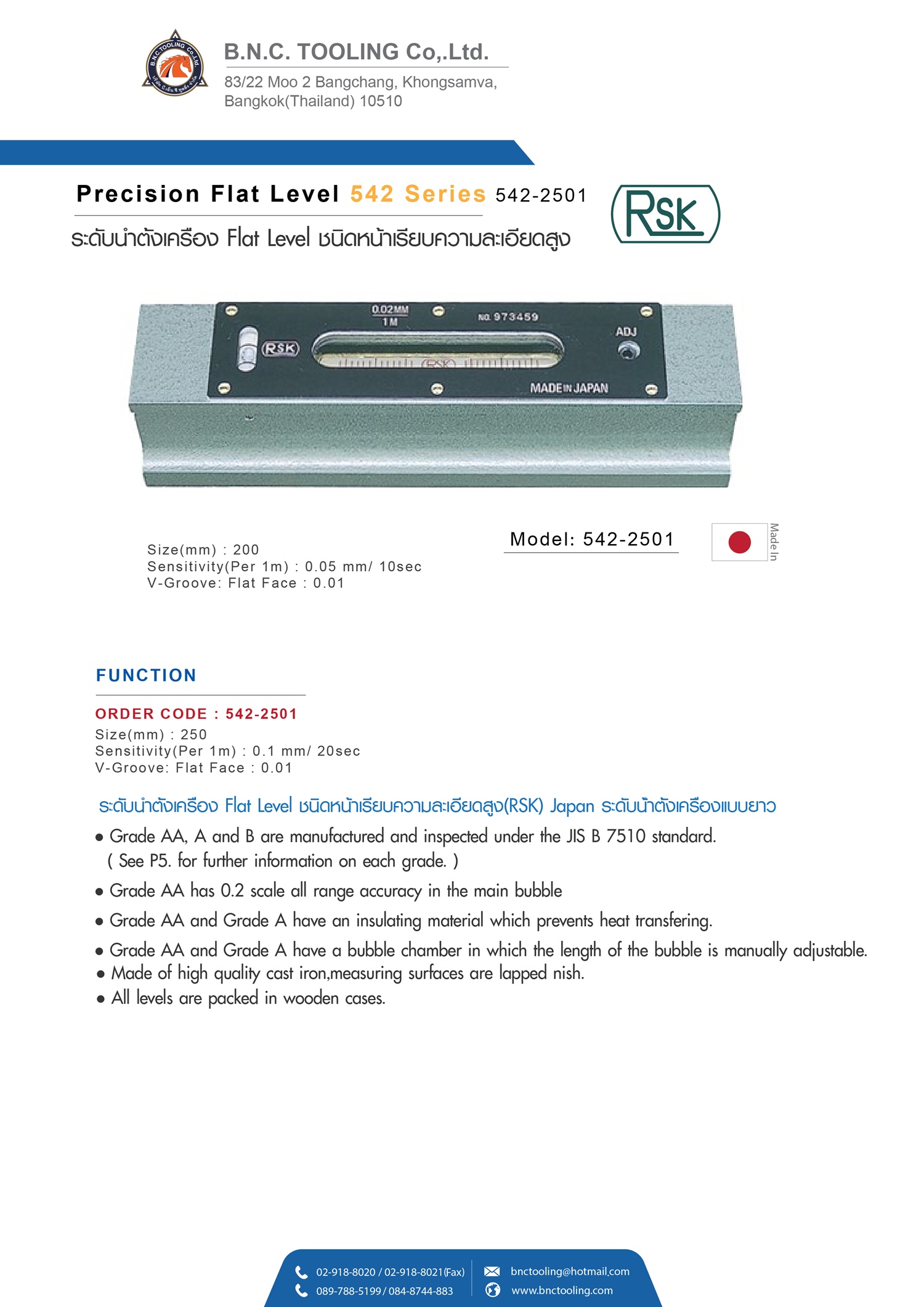 ระดับน้ำตั้งเครื่องจักรความละเอียดสูง, Precision Flat Level,Brand RSK model542 Series,542-1502 ,150x0.02mm/M