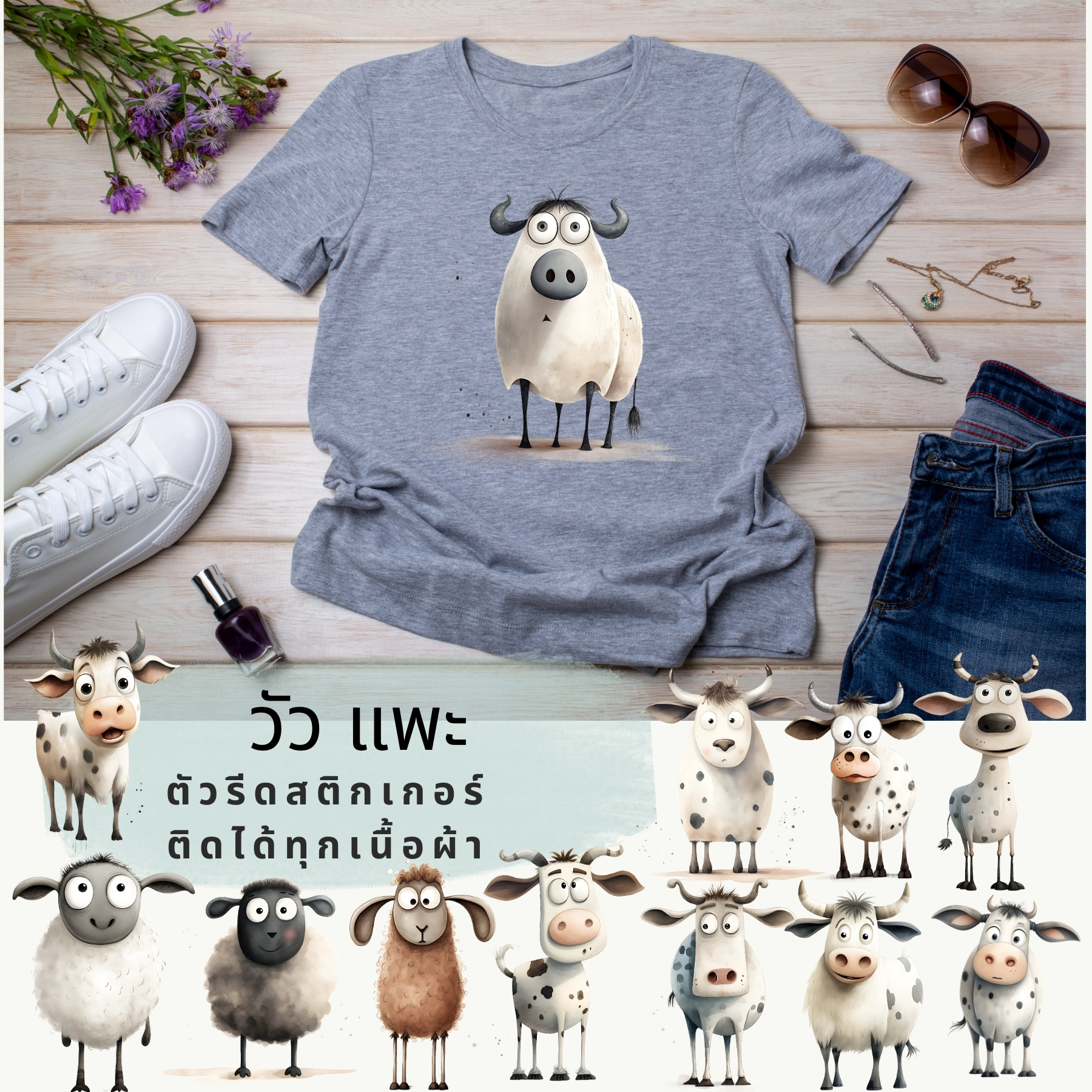 ตัวรีดติดผ้า ตัวรีดติดเสื้อ แบบสติกเกอร์ เซท วัว แพะ พิมพ์ลาย สกรีนลาย ฟิลม์ DFT DTF