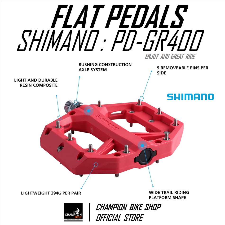 บันไดเสือภูเขา บันไดทัวร์ริ่ง บันไดซิตี้ไบค์ SHIMANO : PD-GR400 AM TL MTB FLAT PEDALS สีแดง