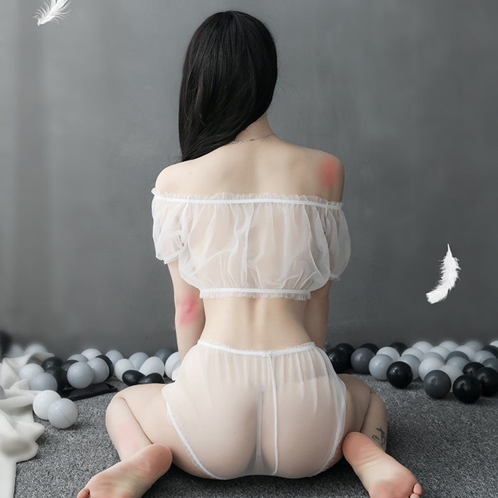 N821 ชุดนอนเซ็กซี่ ชุดนอนผ้าซีทรูมาในแบบ 2 ชิ้นบน-ล่าง ชิ้นบนเป็นเสื้อเกาะอกปาดไหล่แขนสั้น ชิ้นล่างเป็นกางเกงผ้าซีทรูไม่มีซับตามรูปถ่ายสินค้าจริงเลยค่ะ