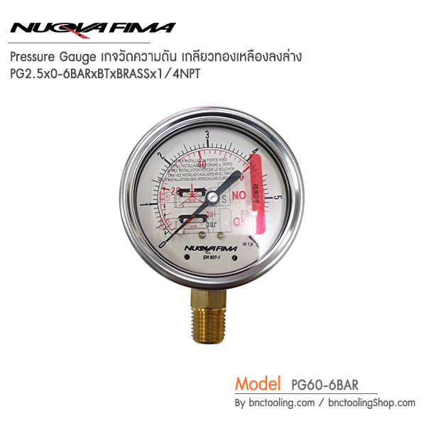 Nuova Fima,Pressure Gauge เกจวัดความดัน เกลียวทองเหลืองลงล่าง,PG60-6BAR
