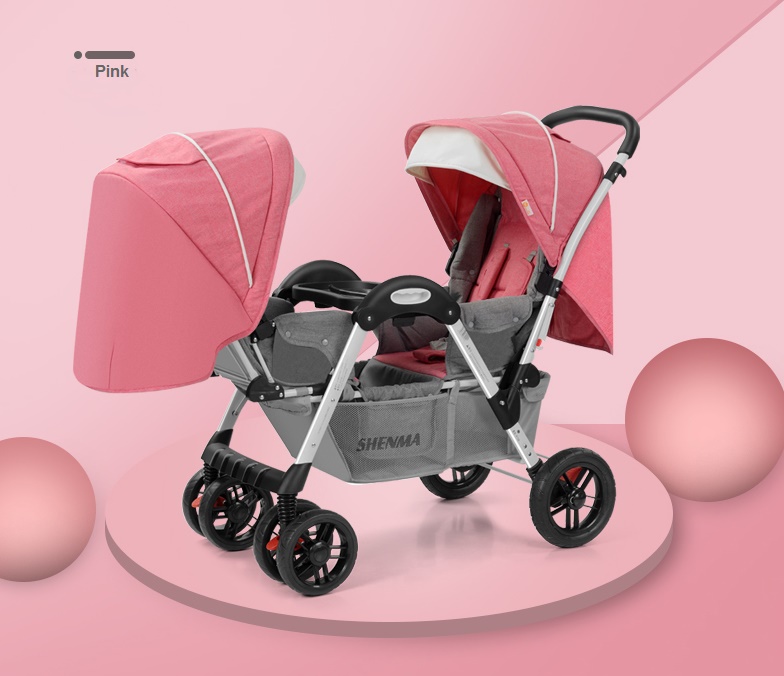 C10193 รถเข็นเด็กแฝดMshenma P-758สีฟ้า ดีไซน์ทันสมัยแบบหันหน้าเข้า