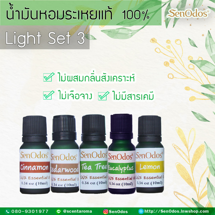 น้ำมันหอมระเหยครบ 5 ธาตุ ชุดกลิ่นหอมละมุน (Light 5 Element Essential Oils) น้ำมันหอมอโรม่าแท้ 100%