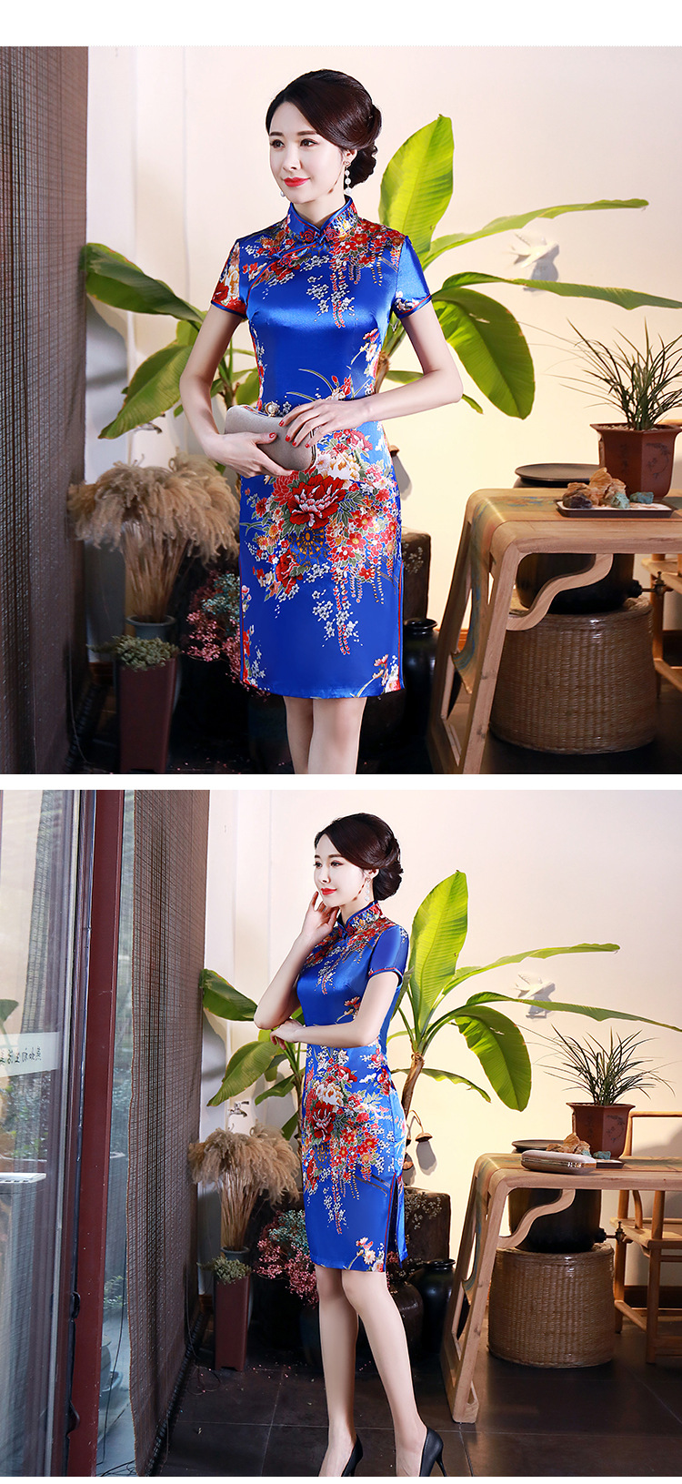 กี่เพ้าสั้นสีน้ำเงิน พิมพ์ลายดอกโบตั๋น ส่งฟรี ems