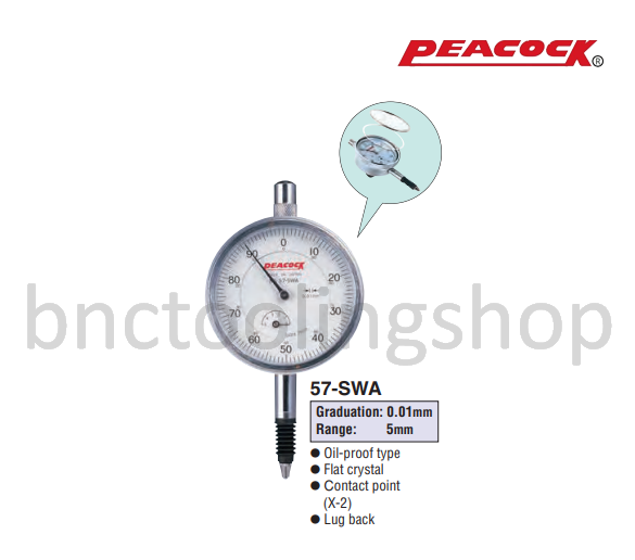 ไดอัลเกจขนาด 5มิล ความละเอียด 0.01มิล,Standard Dial Gauges Range 5mm Graduation 0.01mm,Peacock,57-SWA