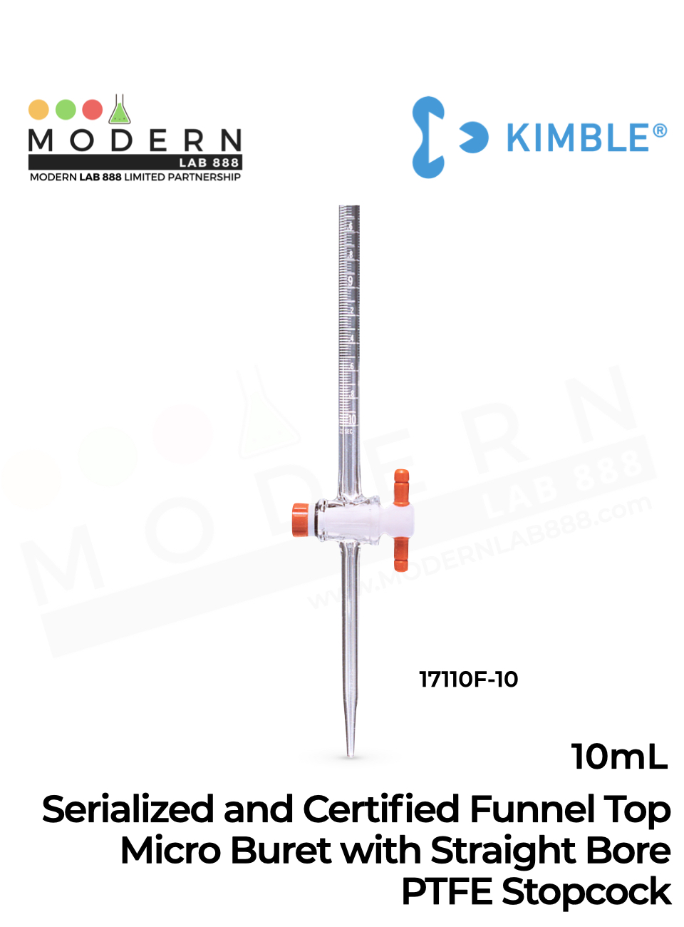 Serialized and Certified Funnel Top Micro Buret with Straight Bore PTFE Stopcock, 10ml