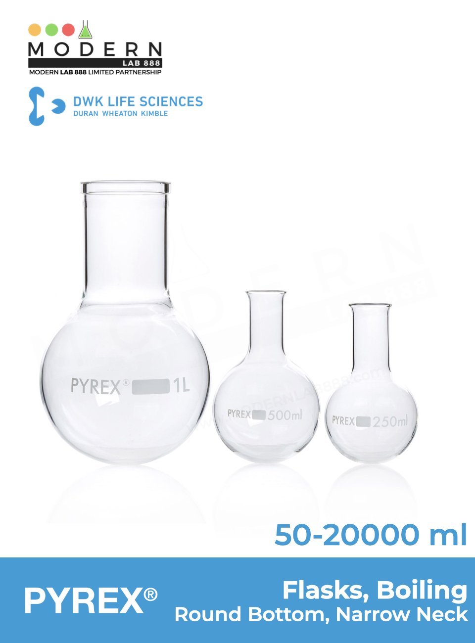 ขวดก้นกลม / Boiling Flasks, Round Bottom, Narrow Neck, PYREX