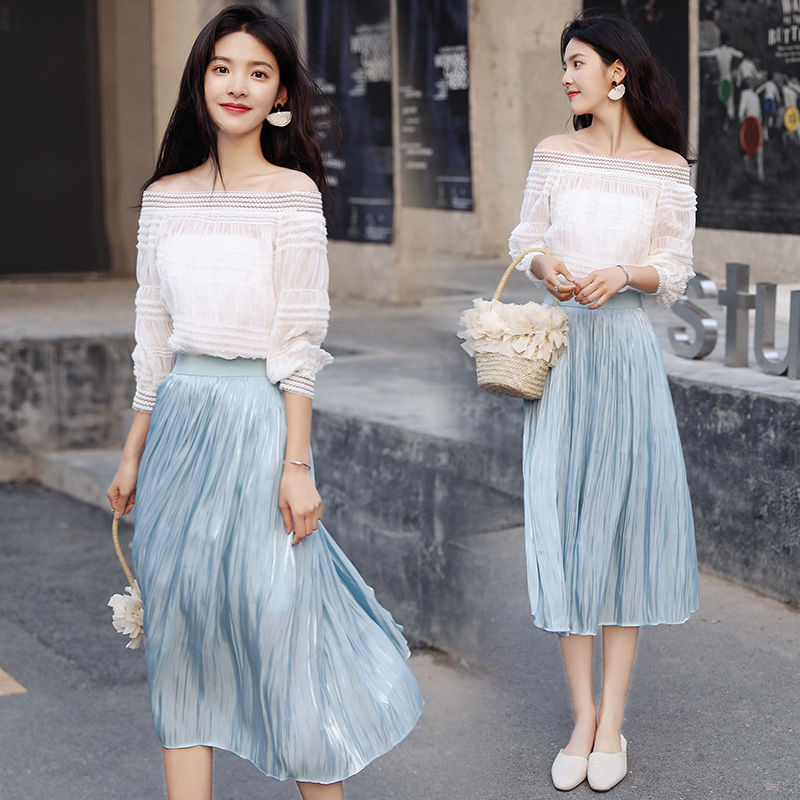 ชุดเซ็ทเสื้อสีขาว กระโปรงสีฟ้า สวยมากๆๆเลยค่ะ ส่งฟรี ems