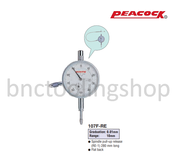 ไดอัลเกจขนาด 10มิล ความละเอียด 0.01มิล,Standard Dial Gauges Range 10mm Graduation 0.01mm,Peacock,107F-RE