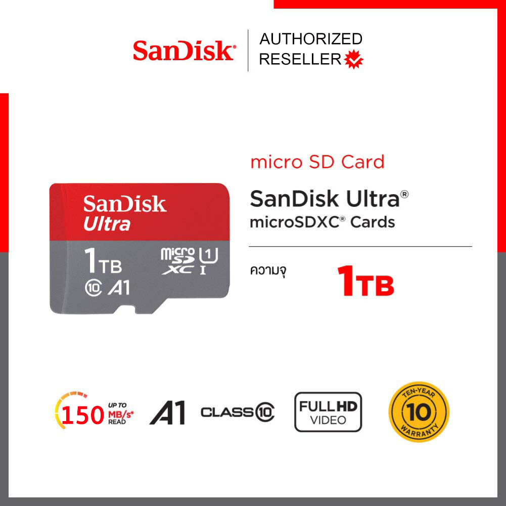 SanDisk MicroSD Card 1TB Class10 Speed 150mb/s TFCARD ใส่โทรศัพท์ รองรับการลงแอพในเมม เล่นแอพได้เร็ว ประกัน Synnex10ปี SDSQUAC-1T00-GN6MN