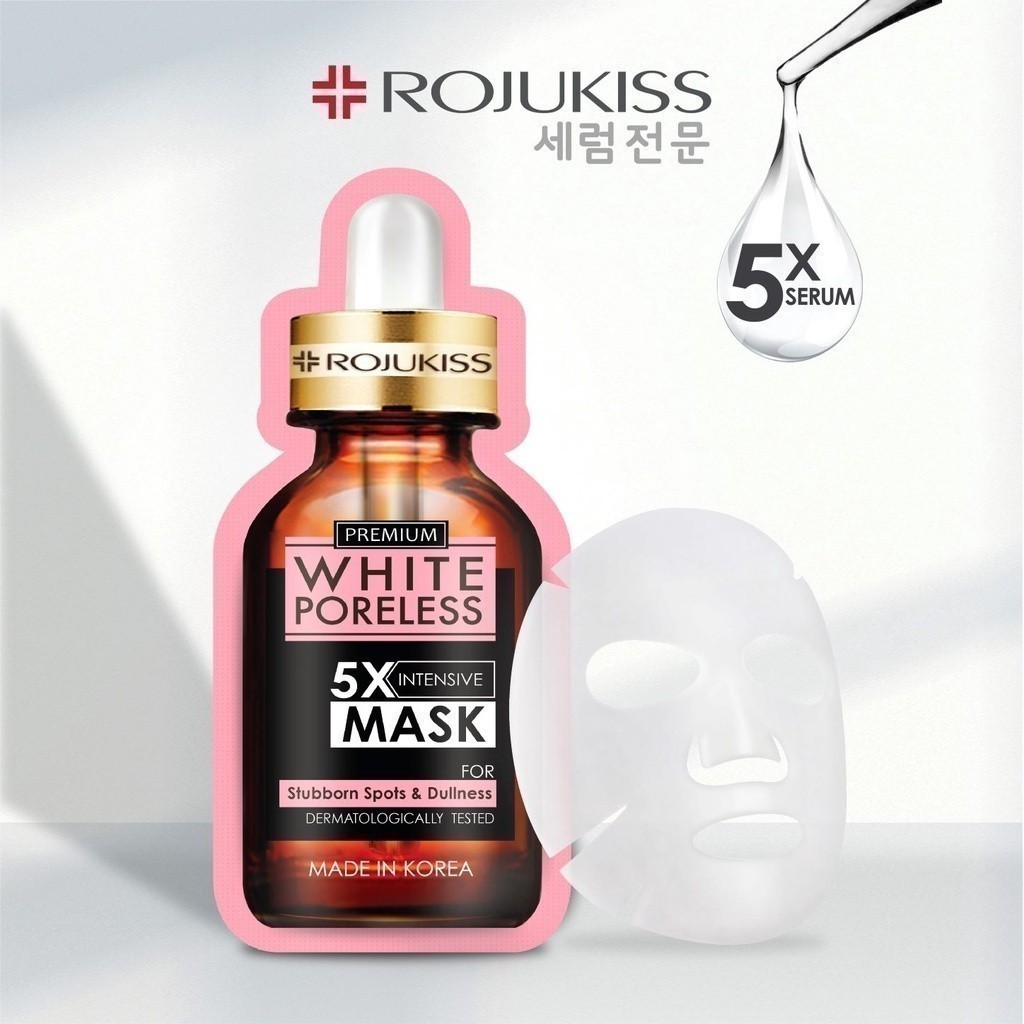 Rojukiss White Poreless 5X Intensive Mask 25 25 ml. โรจูคิส ไวท์ พอร์เลส 5 เอ็กซ์ อินเทนซีฟ มาส์ก 25 มล. ดูแลและแก้ไขปัญหาผิวหมองคล้ำ จุดด่างดำ รอยสิว 1 ซอง