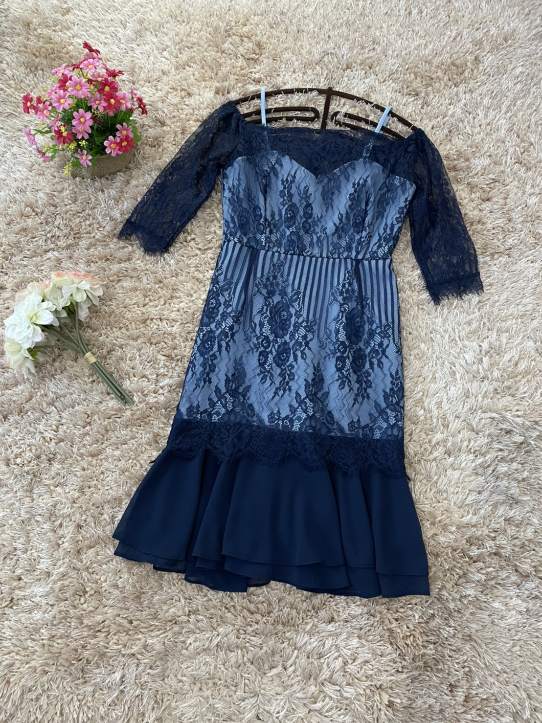 ชุดเดรสสีน้ำเงิน ชุดเดรสออกงาน ผ้าลูกไม้สีน้ำเงิน ส่งฟรี
