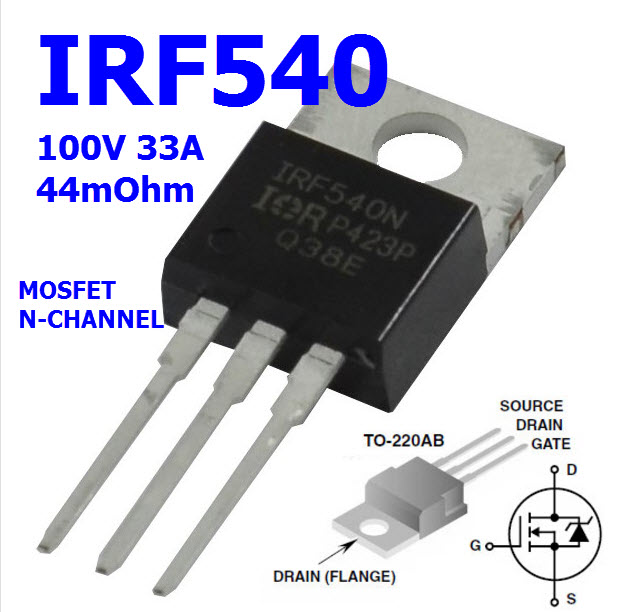 IRF540 (TO-220) MOSFET N-Channel 33A/100V,130W Rds(on) 0.44Ω Max