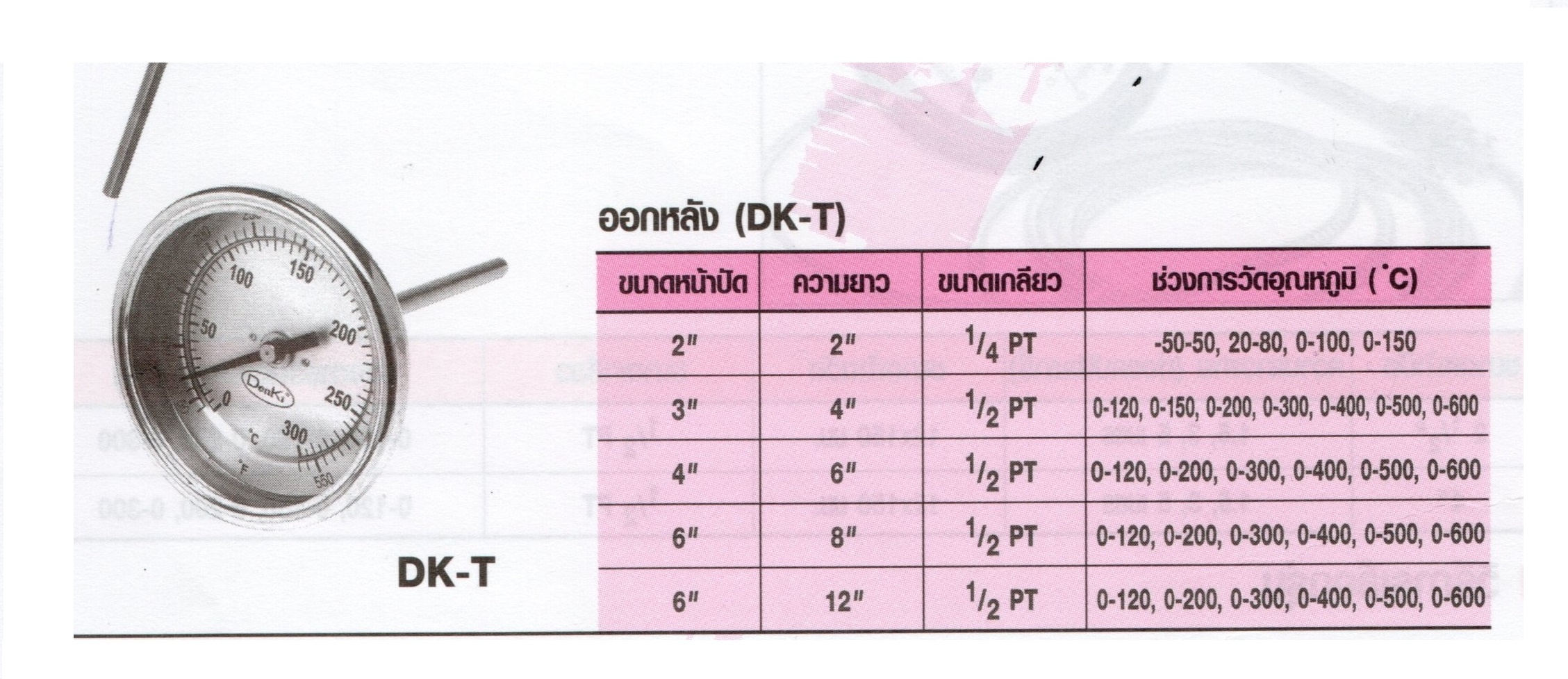 เกจวัดอุณหภูมิแบบมีก้าน, DENKI ,Bimetal Thermometer Gauge,DK-T,เกจวัดอุณหภูมิแบบมีก้านออกด้านหลัง