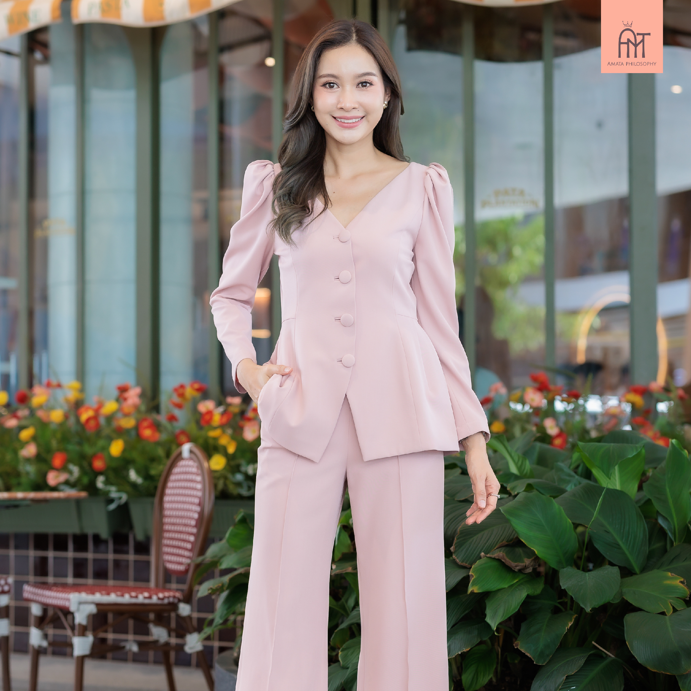 AMATA เสื้อ FLORENCE สีชมพู ครีมเบจ