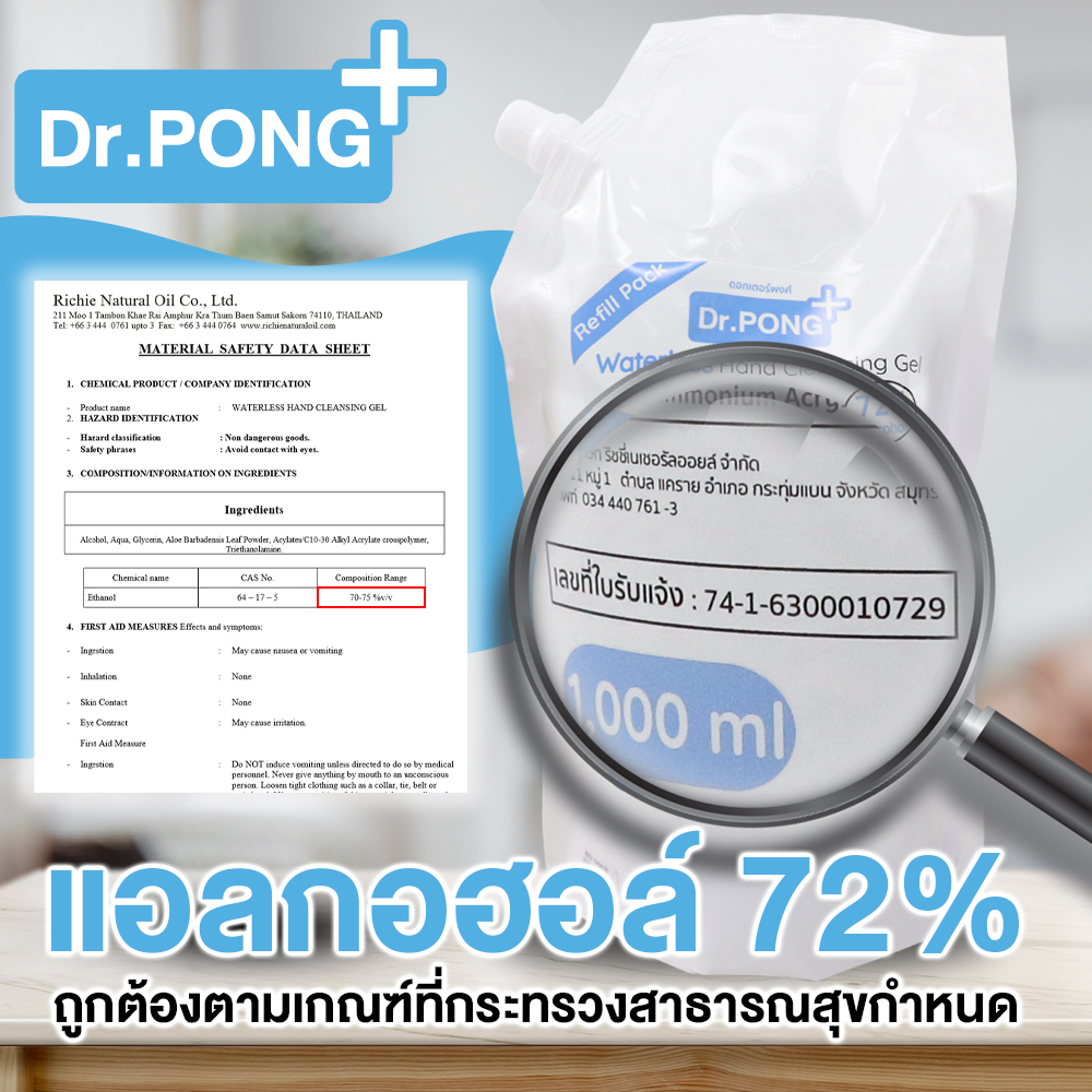❤️แบบถุงเติม 1 ลิตร❤️เจลล้างมือแอลกอฮอลล์ 72% By Dr.PONG ยับยั้งเชื้อไวรัสแบคทีเรีย เจลล้างมือแบบไม่ใช้น้ำ