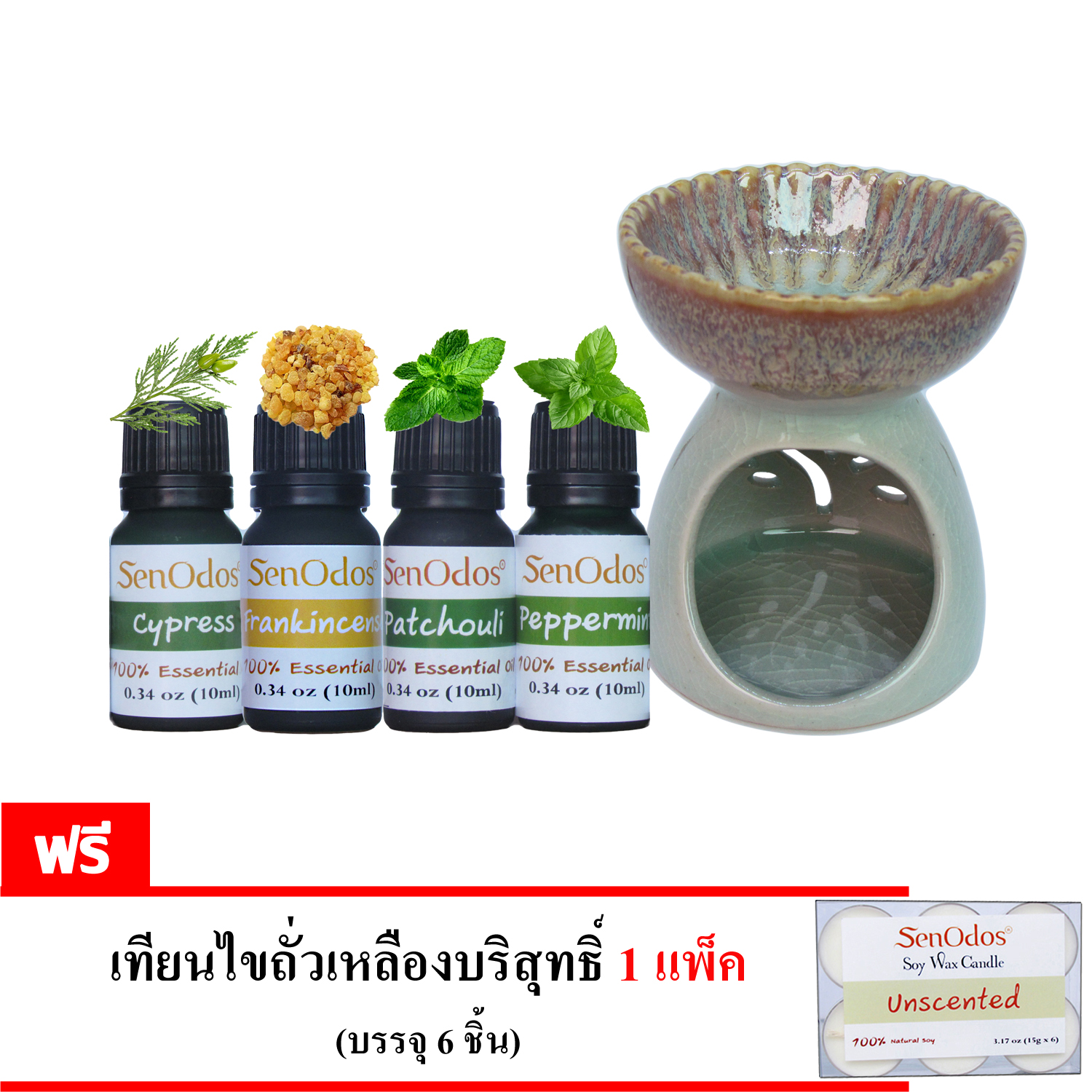 SenOdos ชุดเตาเผา น้ำมันหอมระเหย อโรม่า ชุดกลิ่นสำหรับผู้ชาย 1 Essential Oil For Men 1 Set1 10 ml x 4 กลิ่น (กลิ่นแพทชูลี่, กลิ่นเปปเปอร์มินต์, กลิ่นไซเปรสซ์, กลิ่นกำยาน)