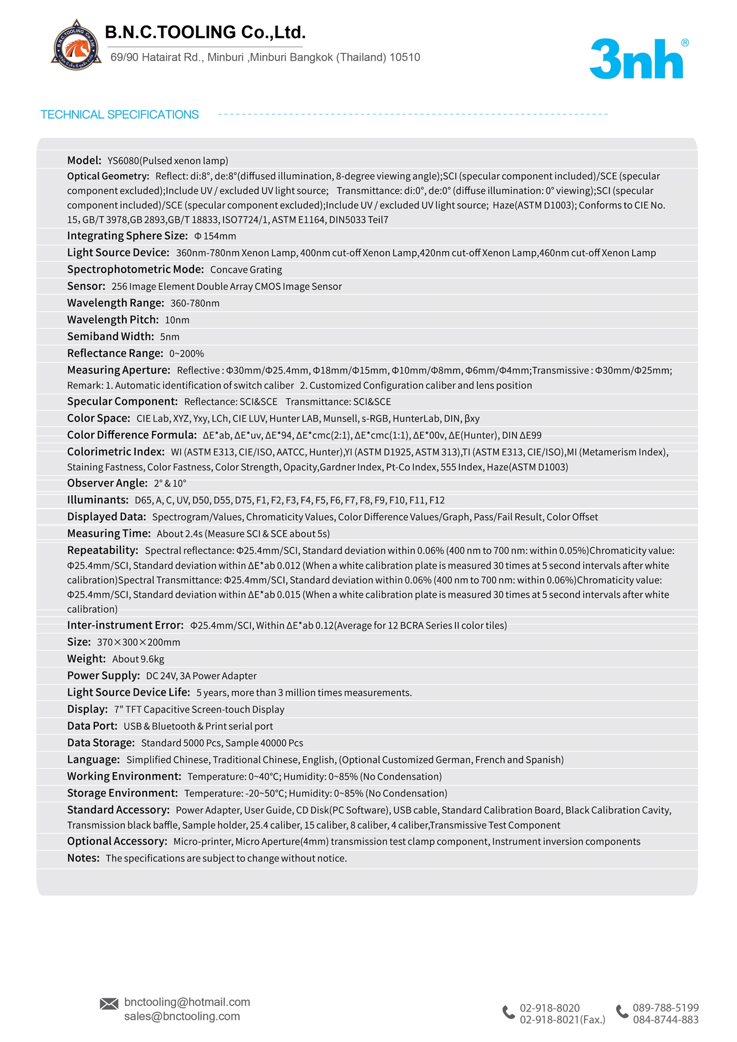 3nh,Pulsed Xenon lamp Benchtop Spectrophotometer,YS6080