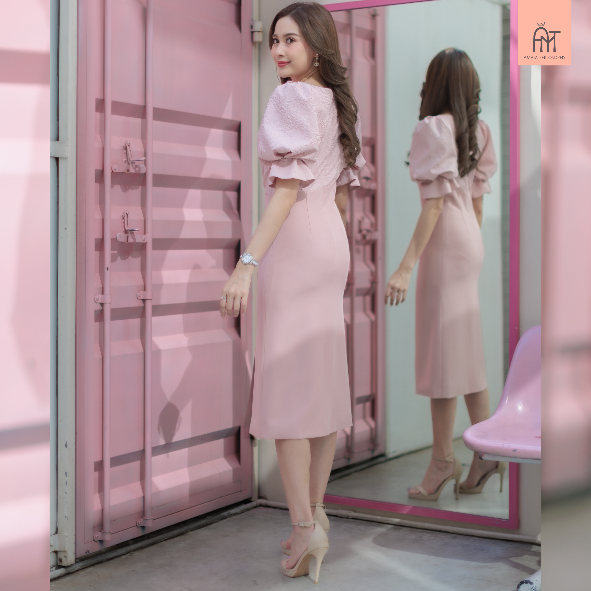 AMATA เดรส MELBOURNE สีชมพู สีเทา