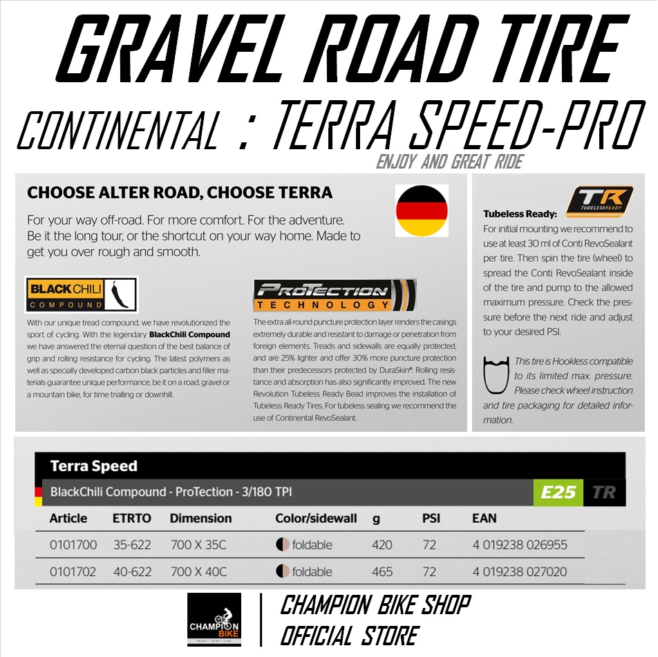 ยางกราเวล CONTINENTAL TERRA SPEED PROTECTION TR 700x35 / 700x40 GRAVEL BIKE TIRE ขอบพับ สีดำ-ครีม