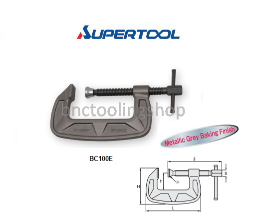 ปากกาตัวซีแบบเหล็กเหนียว ช่วงแคลมป์ 100มิล,C-Clamp Bahco Type Clamp Range 100mm,Supertool,BC100E